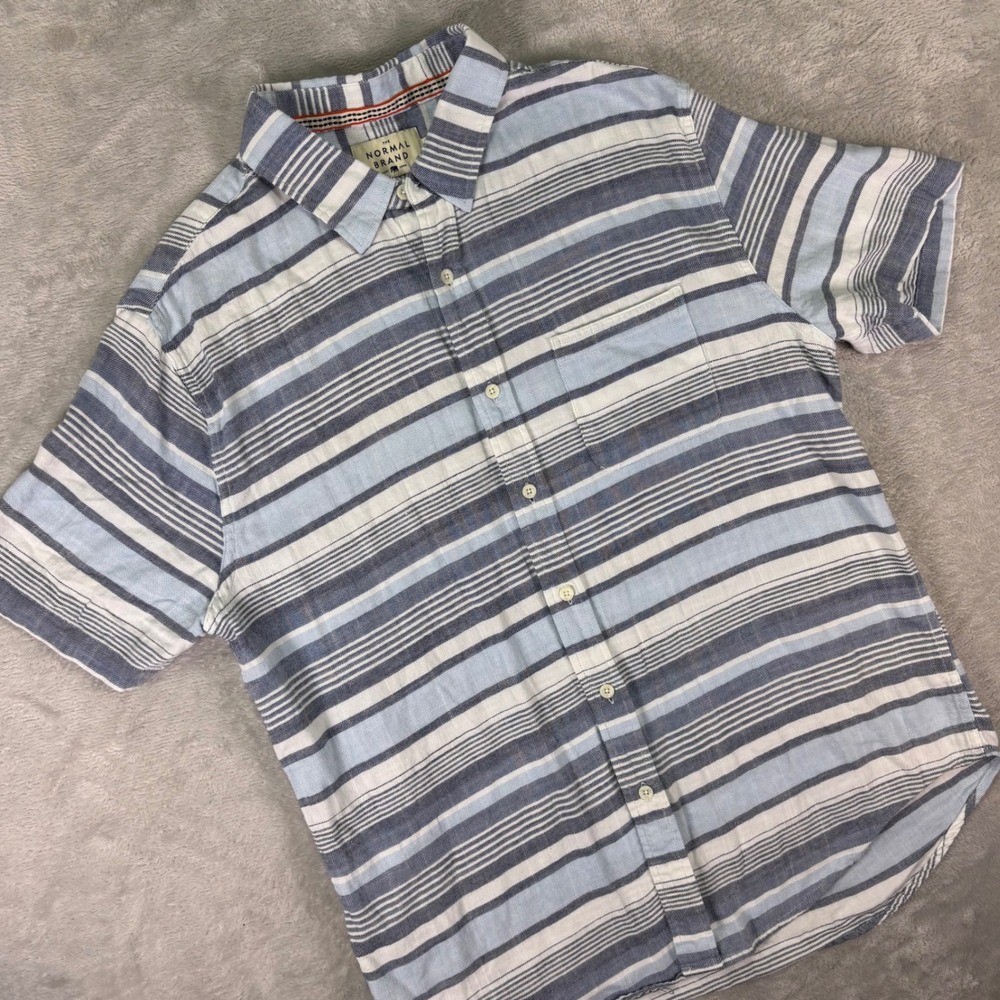 The Normal Brand‎ Men's Short Sleeve Button Up L Blue White Stripe Cotton Shirt